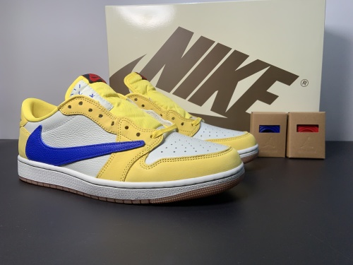 外贸品质，河源版出货 乔丹1代 Travis Scott x Air Jordan 1 Low OG “Canary” 倒勾 白黄蓝色低帮 出货！ 货号:DZ4137-700 号码:4-14=36-4