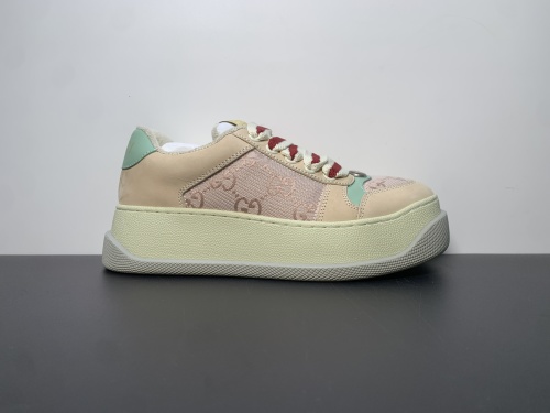 【专柜版：古驰鞋】粉米 胖丁 GUCCl 古驰 Screener 胖丁 皮革 GG帆布 厚底系带时尚板鞋 女款 尺码：35 36 37 38 39