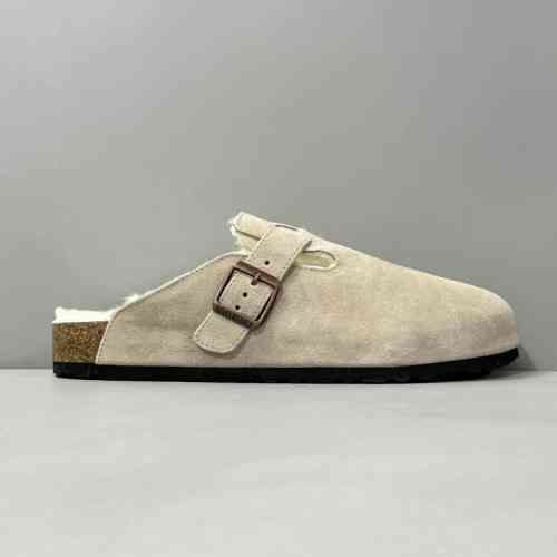 BK版本 半拖-橄榄绿反绒里毛 Birkenstock Boston 羊皮毛一体时尚凉拖 女款 浅灰-橄榄绿