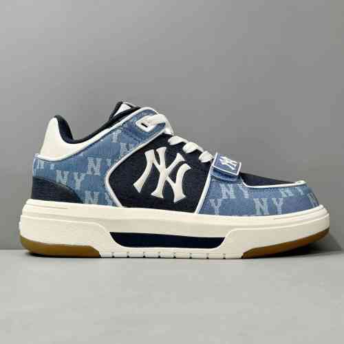 AW版本 中帮-撞色拼接蓝3ASXCHL4N-50BLS MLB Chunky Liner 老花仿牛仔学长鞋 撞色拼接厚底运动鞋 防滑耐磨 中帮 生活休闲鞋 男女同款蓝色