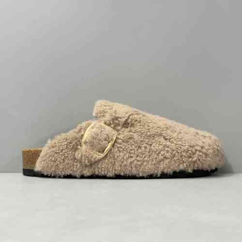 BK版本 半拖-棕色卷毛 秋冬季Birkenstock 舒适保暖百搭厚底 包头拖鞋 女款