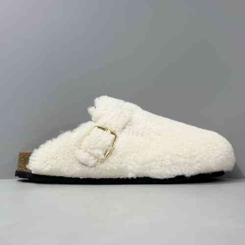 BK版本 半拖-白色卷毛 Birkenstock 羊皮毛一体 简约舒适 时尚凉拖 女款米色