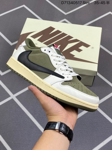 170Travis Scott x Air Jordan 1 Low 低帮 橄榄绿倒勾联名 AJ1 乔丹1代 aj1 乔1 低邦 白绿黑倒勾联名 乔丹篮球鞋系列 鞋身延续了此前的设计，通体采用麂皮