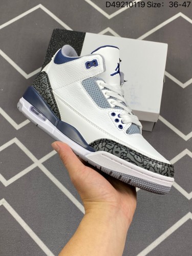 105Air Jordan 3 Retro White Navy 灰蓝水泥 AJ3 乔丹3代 aj3 乔3 午夜蓝水泥 乔丹篮球鞋系列 鞋身整体以皮革材质打造，配色方面以白色为底色，搭配海军蓝鞋带